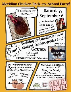 Flyer advertising Chicken Party with pics of chickens, eggs, and telling information included in blurb above